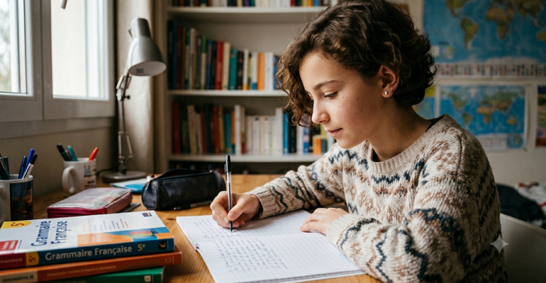 Une collégienne concentrée écrivant une dictée de français dans son cahier à son bureau