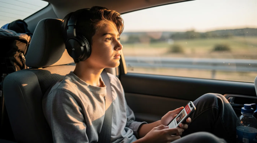 Un adolescent portant des écouteurs écoute un livre audio à l'arrière d'une voiture pendant un road trip. Cette activité est une excellente manière d'encourager la lecture et l'imagination des enfants pendant les vacances, tout en rendant le voyage plus agréable.