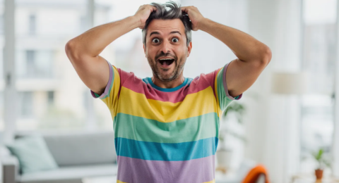 Un adulte, les cheveux en désordre, exprime une surprise incroyable en se tenant la tête, comme s'il venait d'apprendre une information fascinante. L'image dégage une atmosphère amusante, illustrant la réaction d'étonnement face à un mot long.