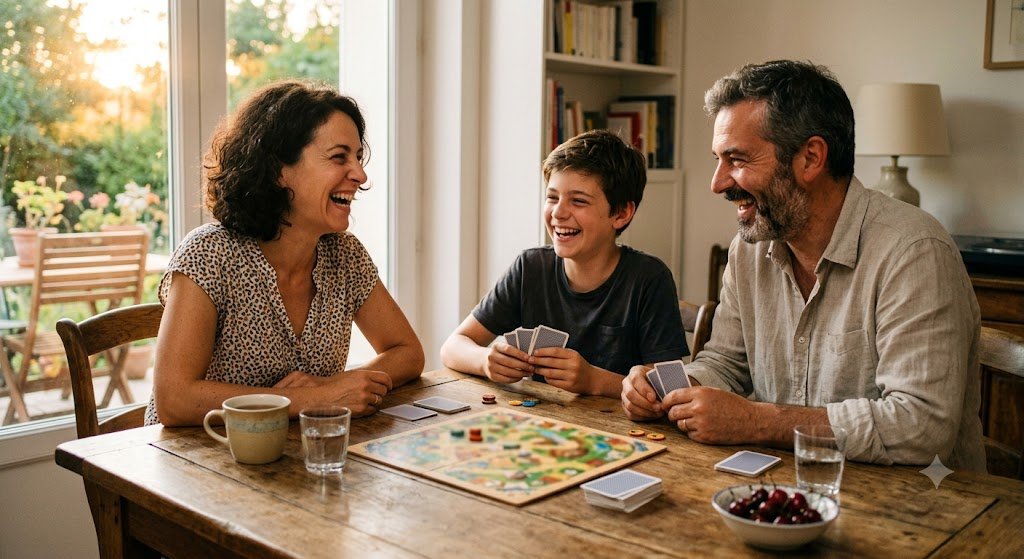 Famille souriante jouant à un jeu de mots un soir d'été, ambiance de révisions ludiques