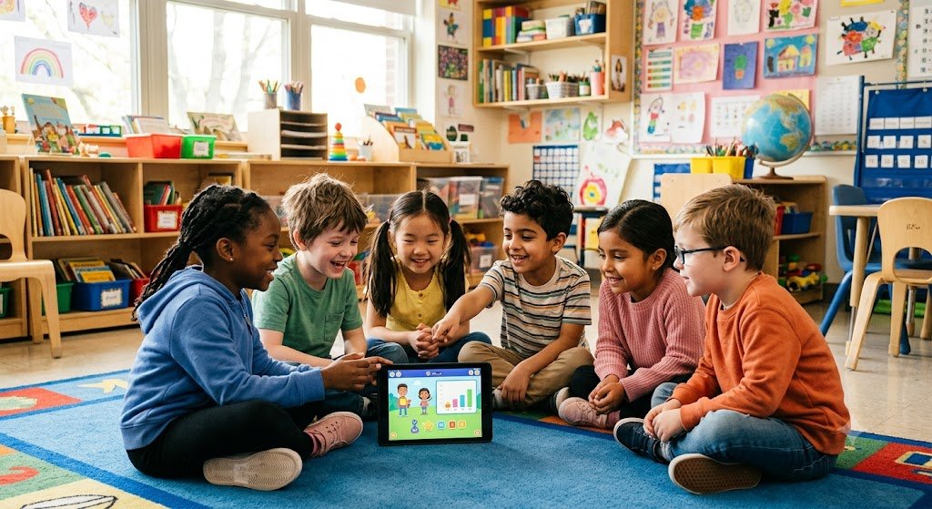 un groupe d'enfants de différentes origines, souriants, assis en cercle autour d'une tablette, dans une salle de classe lumineuse et colorée, ambiance joyeuse et curieuse. Aucun texte dans l'image.