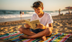 Un adolescent de 14 ans est assis sur une plage, plongé dans la lecture d'un roman de Maupassant, entouré de sable et de vagues. Cette scène évoque le plaisir de la lecture pendant les vacances, offrant une occasion parfaite d'explorer l'imagination à travers les histoires.