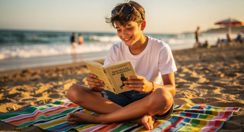 Un adolescent de 14 ans est assis sur une plage, plongé dans la lecture d'un roman de Maupassant, entouré de sable et de vagues. Cette scène évoque le plaisir de la lecture pendant les vacances, offrant une occasion parfaite d'explorer l'imagination à travers les histoires.