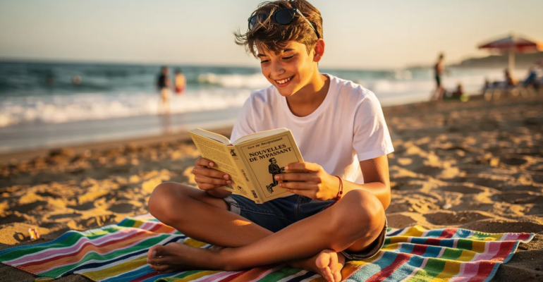 Un adolescent de 14 ans est assis sur une plage, plongé dans la lecture d'un roman de Maupassant, entouré de sable et de vagues. Cette scène évoque le plaisir de la lecture pendant les vacances, offrant une occasion parfaite d'explorer l'imagination à travers les histoires.