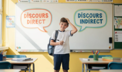 Un collégien amusé se tient devant un tableau, l'air hésitant, tenant un livre sur le "discours direct et indirect". Il se demande s'il doit utiliser des guillemets pour les paroles ou transformer ses phrases au discours indirect, illustrant ainsi les règles de transformation en français.