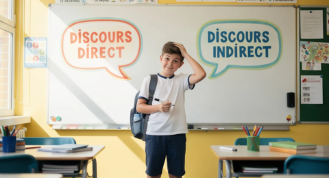 Un collégien amusé se tient devant un tableau, l'air hésitant, tenant un livre sur le "discours direct et indirect". Il se demande s'il doit utiliser des guillemets pour les paroles ou transformer ses phrases au discours indirect, illustrant ainsi les règles de transformation en français.