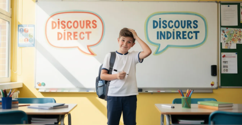 Un collégien amusé se tient devant un tableau, l'air hésitant, tenant un livre sur le "discours direct et indirect". Il se demande s'il doit utiliser des guillemets pour les paroles ou transformer ses phrases au discours indirect, illustrant ainsi les règles de transformation en français.