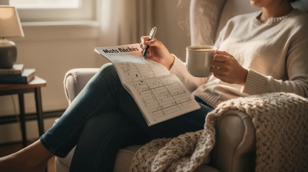 Une personne est assise dans un fauteuil confortable, tenant une tasse de café, tandis qu'une grille de mots fléchés est posée sur ses genoux. Cette activité de mots croisés stimule son esprit, favorisant la concentration et le bien-être mental.