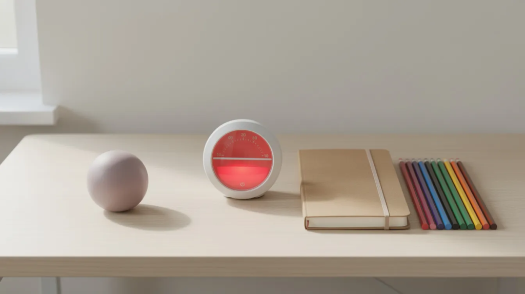 Une image d'un bureau minimaliste et bien rangé, comprenant un minuteur visuel, un carnet, des crayons de couleur et une balle anti-stress, le tout éclairé par une douce lumière naturelle. Cet environnement calme peut aider les enfants, notamment ceux ayant un trouble du déficit de l'attention, à mieux se concentrer sur leurs devoirs et leurs leçons.