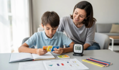 Parent aidant un enfant TDAH à réviser le français avec des fiches, un cahier et des méthodes de révision adaptées au collège.