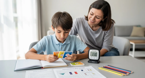 Parent aidant un enfant TDAH à réviser le français avec des fiches, un cahier et des méthodes de révision adaptées au collège.