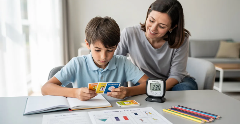 Parent aidant un enfant TDAH à réviser le français avec des fiches, un cahier et des méthodes de révision adaptées au collège.