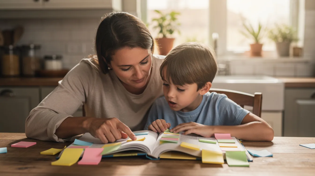 Une image montre un parent et un enfant assis à une table de cuisine, en train de lire ensemble un livre rempli de notes autocollantes colorées. Cette scène illustre un moment d'apprentissage convivial, où les parents soutiennent leur enfant dans ses devoirs et ses révisions, en utilisant des outils visuels pour faciliter la concentration et la compréhension.
