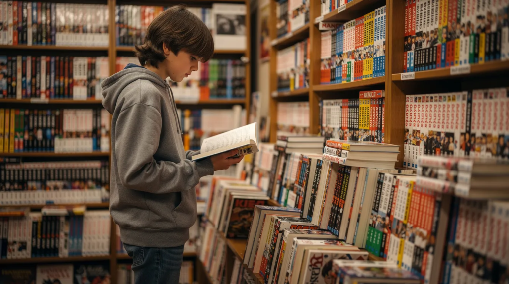 Un adolescent feuillette des mangas dans un rayon de librairie, entouré de livres et de bandes dessinées. Il semble absorbé par les pages, cherchant une histoire captivante qui pourrait éveiller son envie de lecture, malgré son aversion pour les romans classiques.