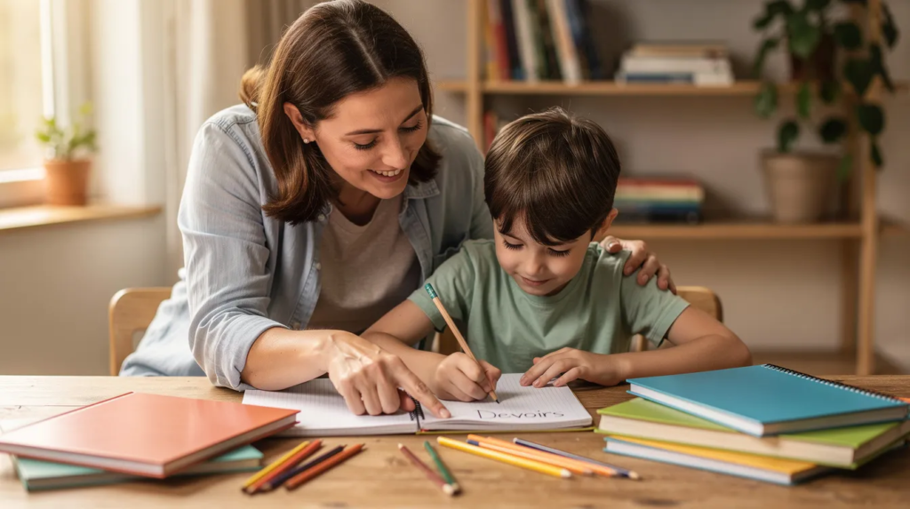 mère travaille avec son enfant sur les homophones