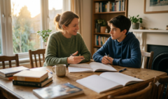 Professeur donnant un cours particulier de français à un adolescent, accompagnement individuel à domicile