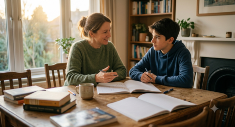 Professeur donnant un cours particulier de français à un adolescent, accompagnement individuel à domicile