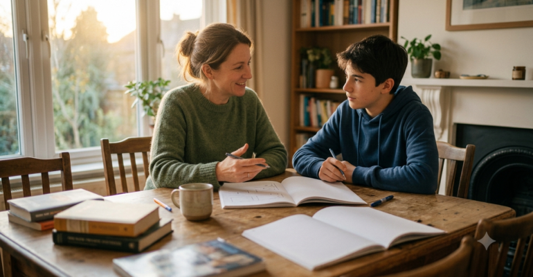 Professeur donnant un cours particulier de français à un adolescent, accompagnement individuel à domicile