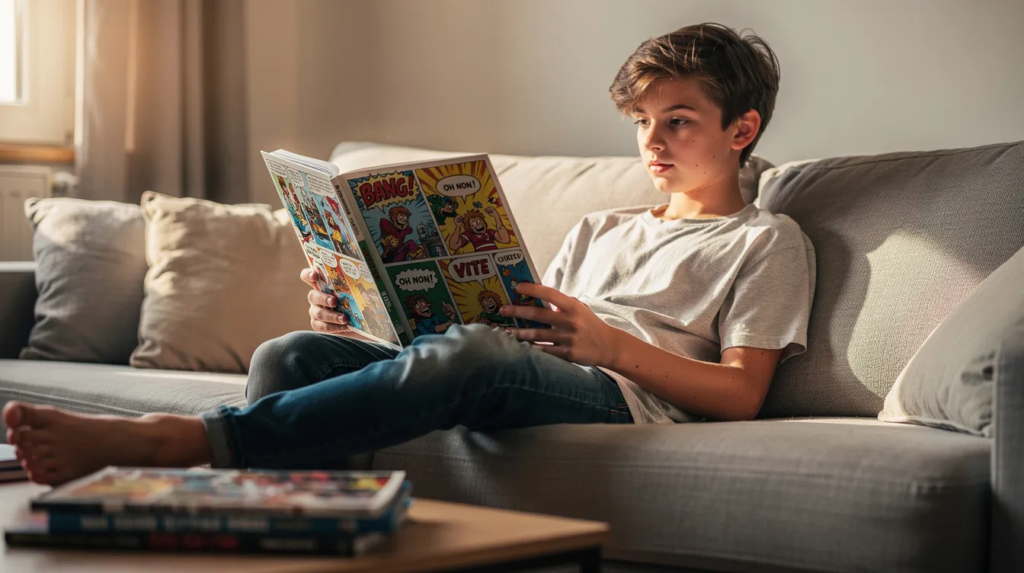 Un adolescent détendu est assis sur un canapé, feuilletant une bande dessinée colorée qui attire son attention. Cette scène illustre l'importance de la lecture pour les jeunes, même ceux qui n'aiment pas lire des livres classiques comme Harry Potter ou Percy Jackson.