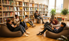 Dans une médiathèque, des adolescents se détendent en lisant des bandes dessinées sur de grands poufs colorés, certains allongés, plongés dans des histoires captivantes. L'ambiance est calme et conviviale, idéale pour les ados qui n'aiment pas lire mais qui apprécient le format dynamique de la BD.