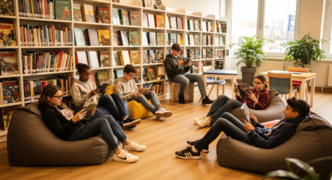 Dans une médiathèque, des adolescents se détendent en lisant des bandes dessinées sur de grands poufs colorés, certains allongés, plongés dans des histoires captivantes. L'ambiance est calme et conviviale, idéale pour les ados qui n'aiment pas lire mais qui apprécient le format dynamique de la BD.