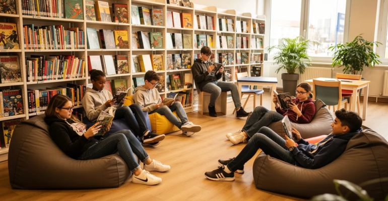 Dans une médiathèque, des adolescents se détendent en lisant des bandes dessinées sur de grands poufs colorés, certains allongés, plongés dans des histoires captivantes. L'ambiance est calme et conviviale, idéale pour les ados qui n'aiment pas lire mais qui apprécient le format dynamique de la BD.