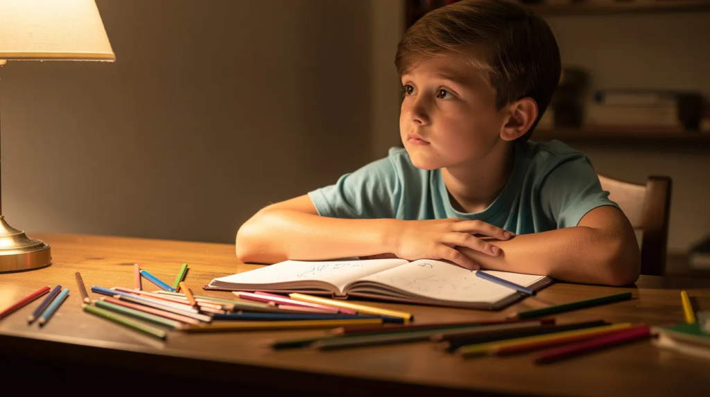 Un jeune élève est assis à un bureau, regardant au loin, avec un carnet ouvert devant lui et des crayons de couleur éparpillés autour. La lumière douce et chaude crée une ambiance apaisante, idéale pour aider les enfants, notamment ceux avec des troubles comme le TDAH, à se concentrer sur leurs devoirs.