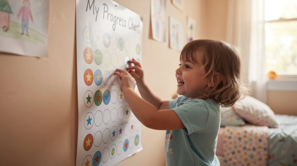 Un enfant souriant place un autocollant coloré sur un tableau de progression accroché au mur de sa chambre, symbolisant ses efforts dans ses devoirs. Cette activité ludique peut aider les parents à suivre les progrès de leur enfant, notamment ceux ayant un trouble du déficit de l'attention ou d'autres difficultés d'apprentissage.