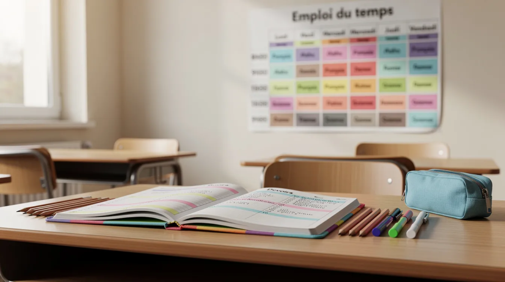 L'image montre un bureau d'élève bien organisé, avec un agenda coloré ouvert, des crayons soigneusement disposés et un emploi du temps affiché au mur, représentant un espace de travail propice à la réussite scolaire pour les collégiens. Ce cadre met en avant l'importance de l'organisation et de la préparation pour la rentrée au collège.