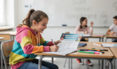 Une collégienne souriante est assise à son bureau, entourée de manuels de grammaire française, en train de lire et de travailler sur des exercices d'orthographe. Elle semble amusée par les astuces pour éviter les erreurs, avec des notes colorées éparpillées autour d'elle.