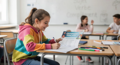 Une collégienne souriante est assise à son bureau, entourée de manuels de grammaire française, en train de lire et de travailler sur des exercices d'orthographe. Elle semble amusée par les astuces pour éviter les erreurs, avec des notes colorées éparpillées autour d'elle.