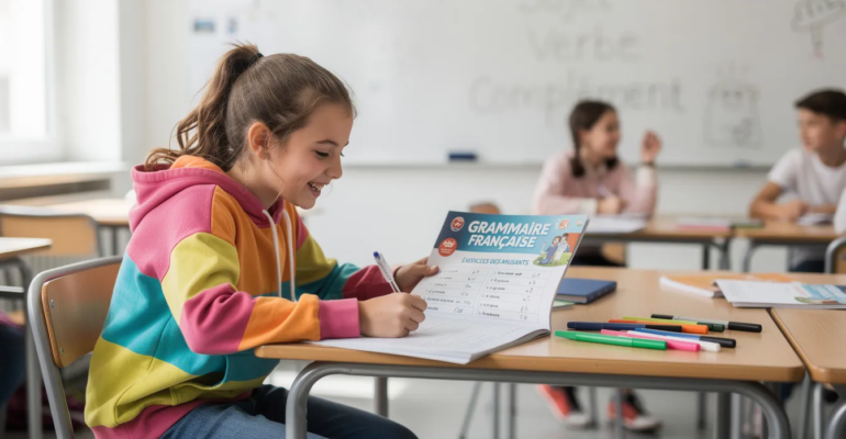 Une collégienne souriante est assise à son bureau, entourée de manuels de grammaire française, en train de lire et de travailler sur des exercices d'orthographe. Elle semble amusée par les astuces pour éviter les erreurs, avec des notes colorées éparpillées autour d'elle.