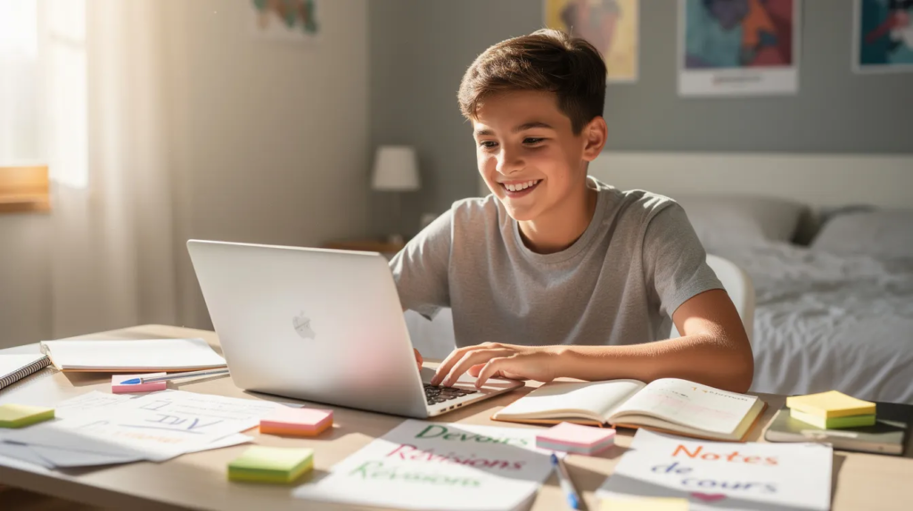 Un jeune collégien est assis à un bureau en bois, concentré sur l'écriture dans son cahier avec un stylo à la main. Des livres ouverts sont éparpillés autour de lui, témoignant de son travail sur la grammaire et l'orthographe en français.