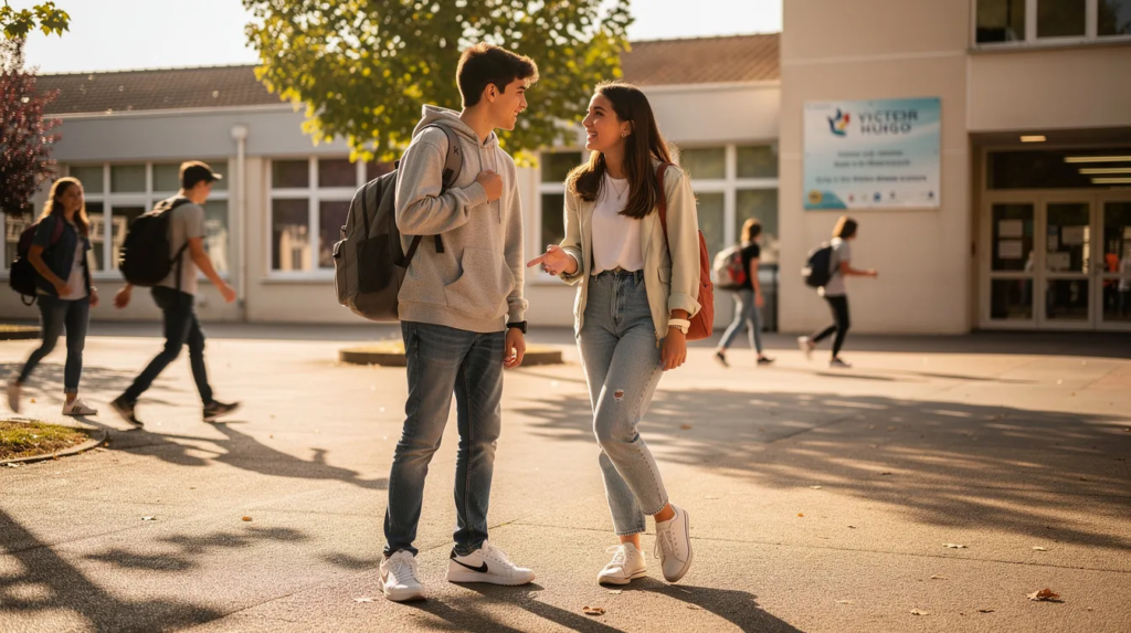 deux élèves devant le collège pour travailler les temps verbaux