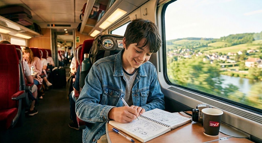 ado dans un train faisant des dictées courtes pendant les vacances (niveau 5e)