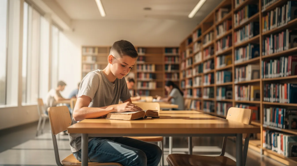 Un adolescent est assis dans une bibliothèque lumineuse, plongé dans la lecture d'un livre classique, illustrant l'importance de la culture littéraire dans le programme de français en classe de seconde. L'atmosphère calme et studieuse favorise l'esprit critique et la maîtrise de la langue, essentiels pour les élèves du lycée.