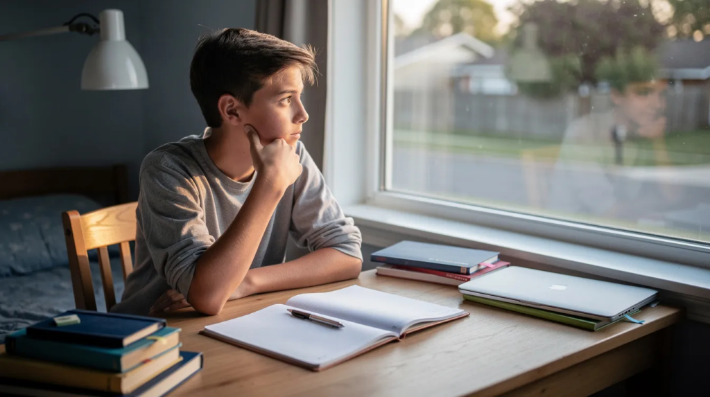 Un adolescent assis à un bureau, le menton dans la main, semble pensif en regardant par la fenêtre, avec un cahier ouvert devant lui, symbolisant les défis d'un élève à haut potentiel confronté au décrochage scolaire. Cette image évoque les difficultés de concentration et d'ennui que peuvent ressentir les enfants hpi dans le cadre scolaire.