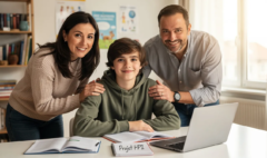 L'image montre un adolescent à haut potentiel intellectuel (HPI) entouré de ses parents, qui l'accompagnent avec bienveillance dans son parcours scolaire. Cette scène illustre l'importance de l'accompagnement familial pour aider les élèves HPI à surmonter les défis liés au décrochage scolaire et à développer leur potentiel.