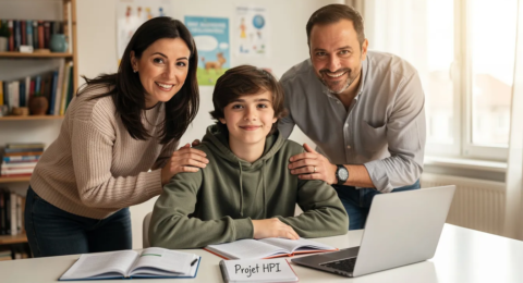 L'image montre un adolescent à haut potentiel intellectuel (HPI) entouré de ses parents, qui l'accompagnent avec bienveillance dans son parcours scolaire. Cette scène illustre l'importance de l'accompagnement familial pour aider les élèves HPI à surmonter les défis liés au décrochage scolaire et à développer leur potentiel.
