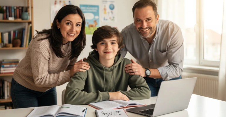L'image montre un adolescent à haut potentiel intellectuel (HPI) entouré de ses parents, qui l'accompagnent avec bienveillance dans son parcours scolaire. Cette scène illustre l'importance de l'accompagnement familial pour aider les élèves HPI à surmonter les défis liés au décrochage scolaire et à développer leur potentiel.