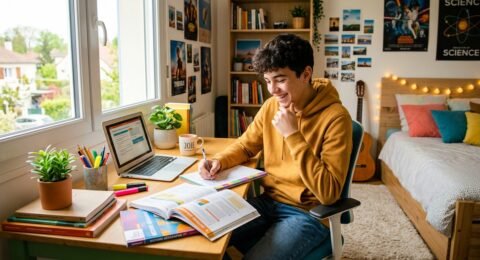 élève de collège qui travaille le français et les temps verbaux