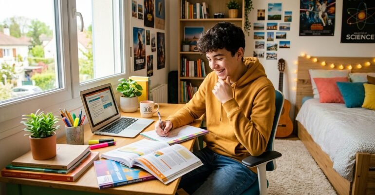 élève de collège qui travaille le français et les temps verbaux