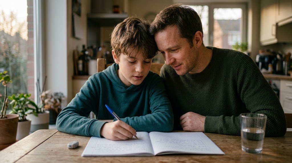 élève de quatrième fait une dictée avec son père