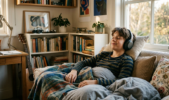 Adolescent dyslexique écoutant un livre audio au casque, la lecture autrement pour un élève DYS au collège