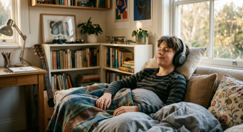 Adolescent dyslexique écoutant un livre audio au casque, la lecture autrement pour un élève DYS au collège