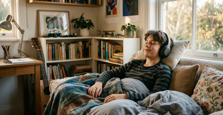 Adolescent dyslexique écoutant un livre audio au casque, la lecture autrement pour un élève DYS au collège