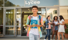 Un élève souriant entre au lycée, tenant un manuel de français dans ses mains, symbolisant le début d'un parcours en classe de seconde. Cette image transmet une atmosphère joyeuse et dynamique, illustrant l'importance de la maîtrise de la langue et de la culture littéraire dans le programme éducatif.