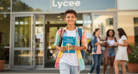 Un élève souriant entre au lycée, tenant un manuel de français dans ses mains, symbolisant le début d'un parcours en classe de seconde. Cette image transmet une atmosphère joyeuse et dynamique, illustrant l'importance de la maîtrise de la langue et de la culture littéraire dans le programme éducatif.