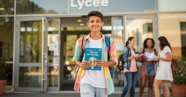Un élève souriant entre au lycée, tenant un manuel de français dans ses mains, symbolisant le début d'un parcours en classe de seconde. Cette image transmet une atmosphère joyeuse et dynamique, illustrant l'importance de la maîtrise de la langue et de la culture littéraire dans le programme éducatif.