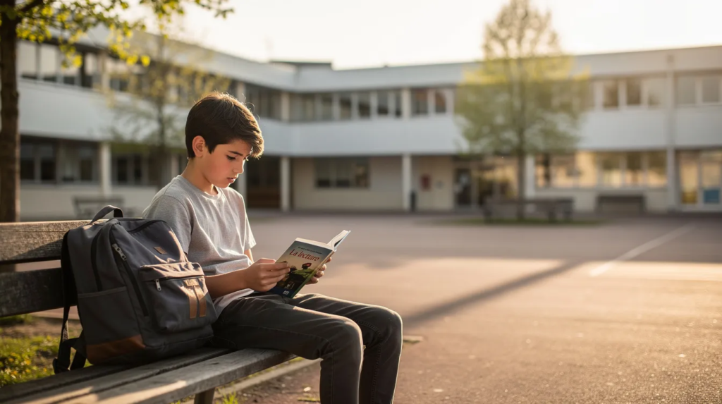 Un adolescent, absorbé par la lecture d'un livre, est assis sur un banc dans une cour d'école ensoleillée. Cet instant illustre l'importance de l'autonomie et des centres d'intérêt pour les élèves à haut potentiel, souvent confrontés à des défis liés au décrochage scolaire.